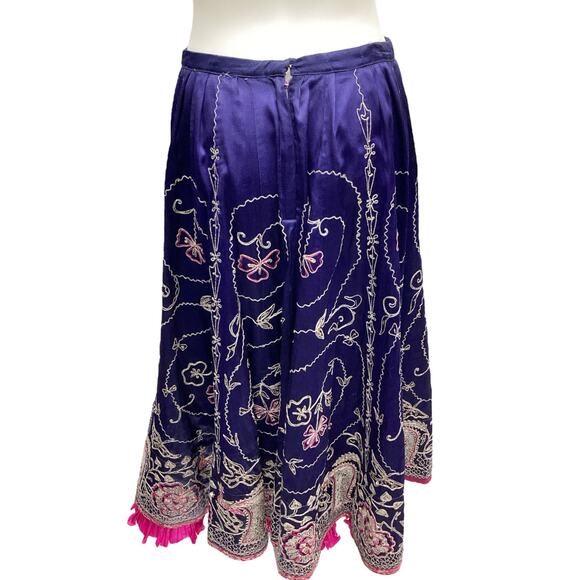 Skirt Women’s SZ6 Long Embroidered Under Layer Of Pink Ruffled Fabric Deep Blue - Picture 4 of 5